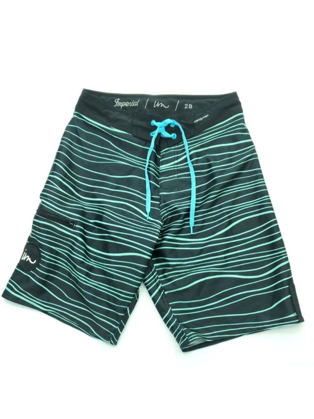 Imperial Boardshorts Men 28x9 Black Green Striped Tight & Right Stretch Quickdry